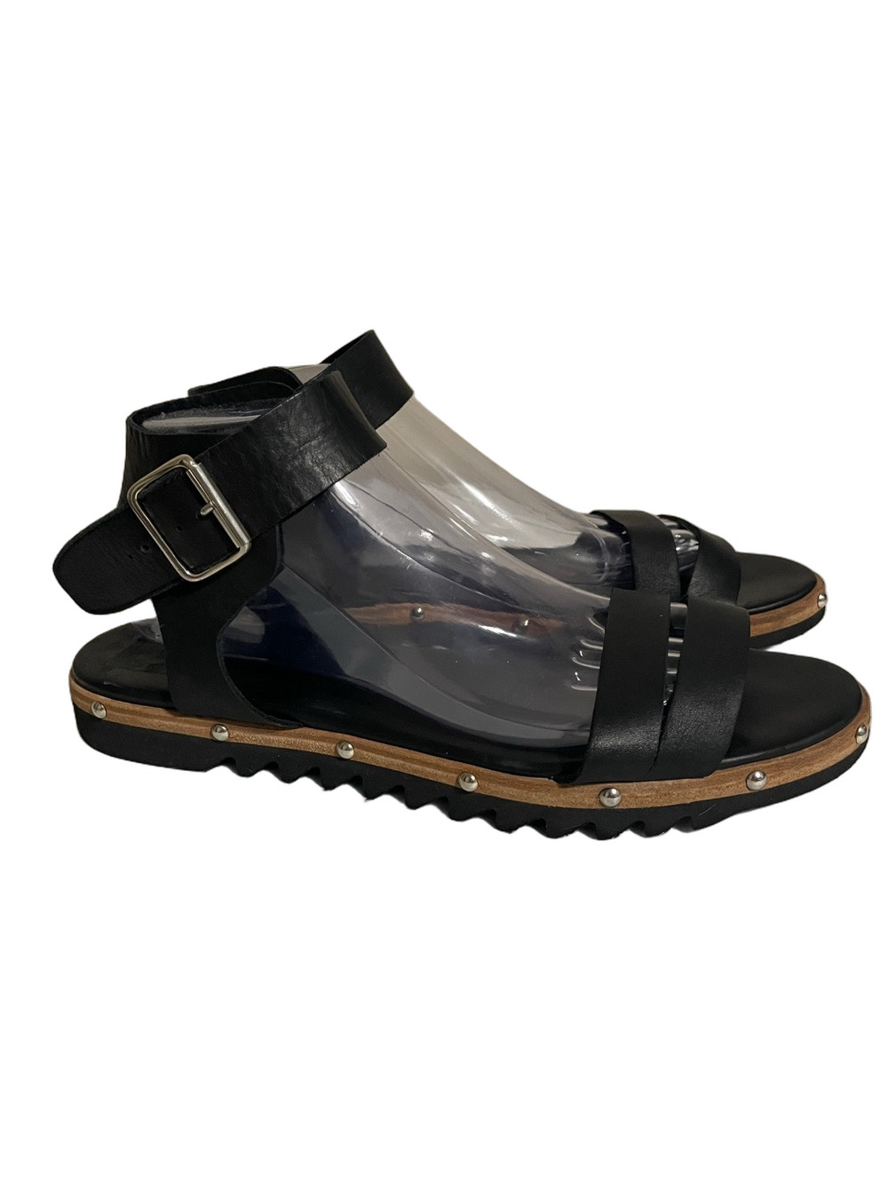 Attilio Giusti Leombruni Black Leather Studded Ankle-Strap Sandals Size 41
